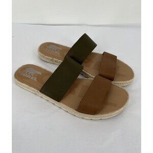Sorel Ella II Slide Sandals Brown Green Leather Double Strap Size 8.5